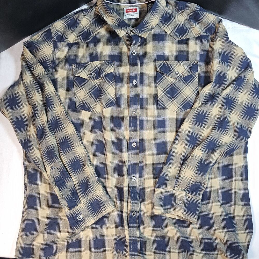 Mens Wrangler Beige & Blue Plaid Button Up Shirt Cotton Blend Stretch Size 3XL